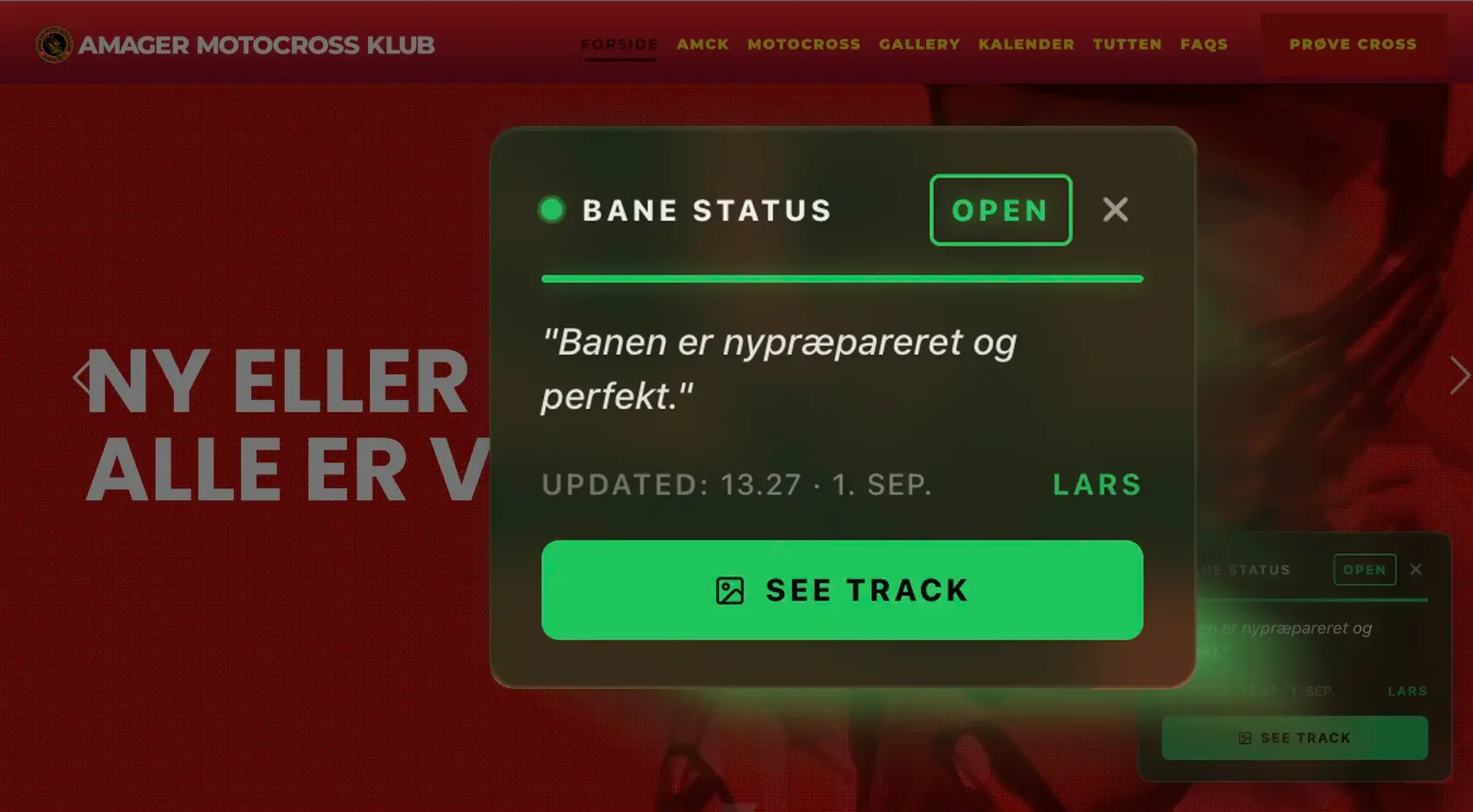 Screenshot of the Amager Motocross website, with the track manager field shown enlarged**