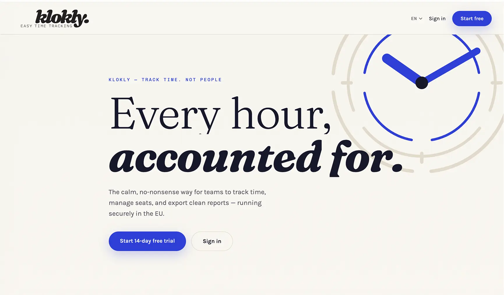 Klokly — easy time tracking, front page of marketing site