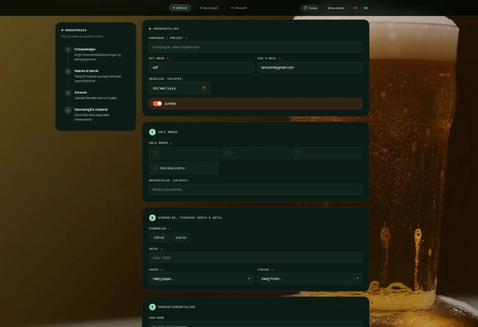 screenshot of UI of the web app order flow site. Created by Lars Sohl