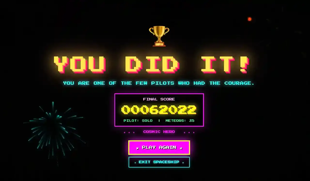 80th Acade cosmic retro tunnel game by Lars Sohl, The UI of gameplay, You Did It