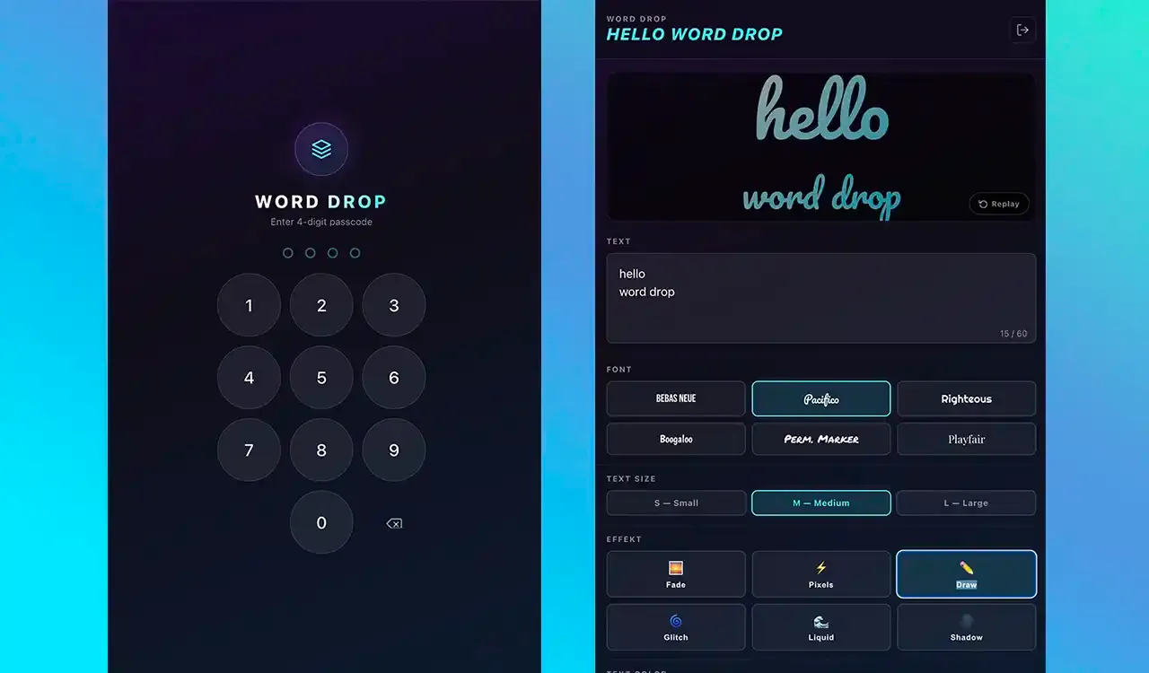 Word drop pwa screen - login and UI screen
