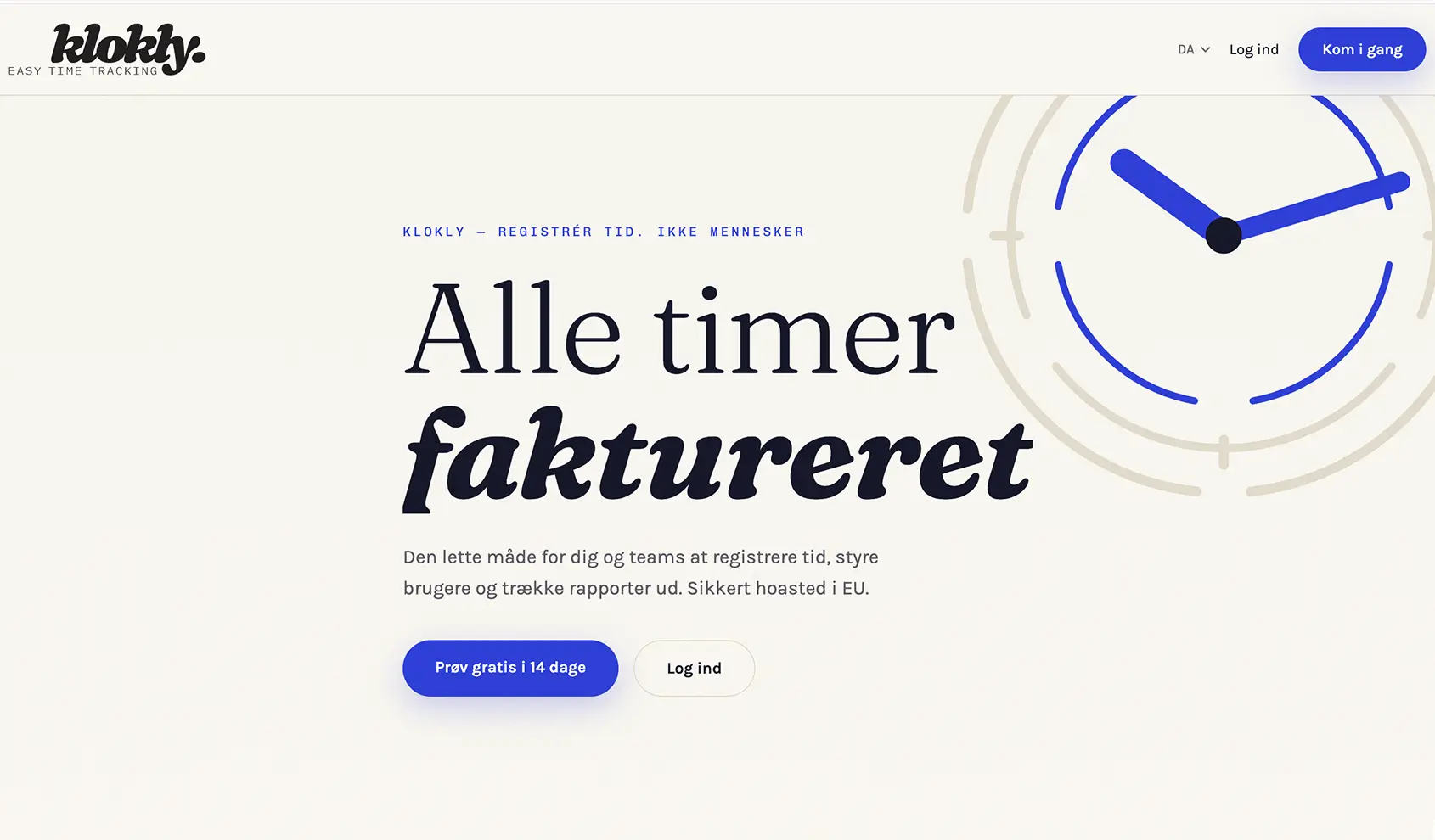 Klokly — enkel tidsregistrering, på forsiden af din marketinghjemmeside / Landing page